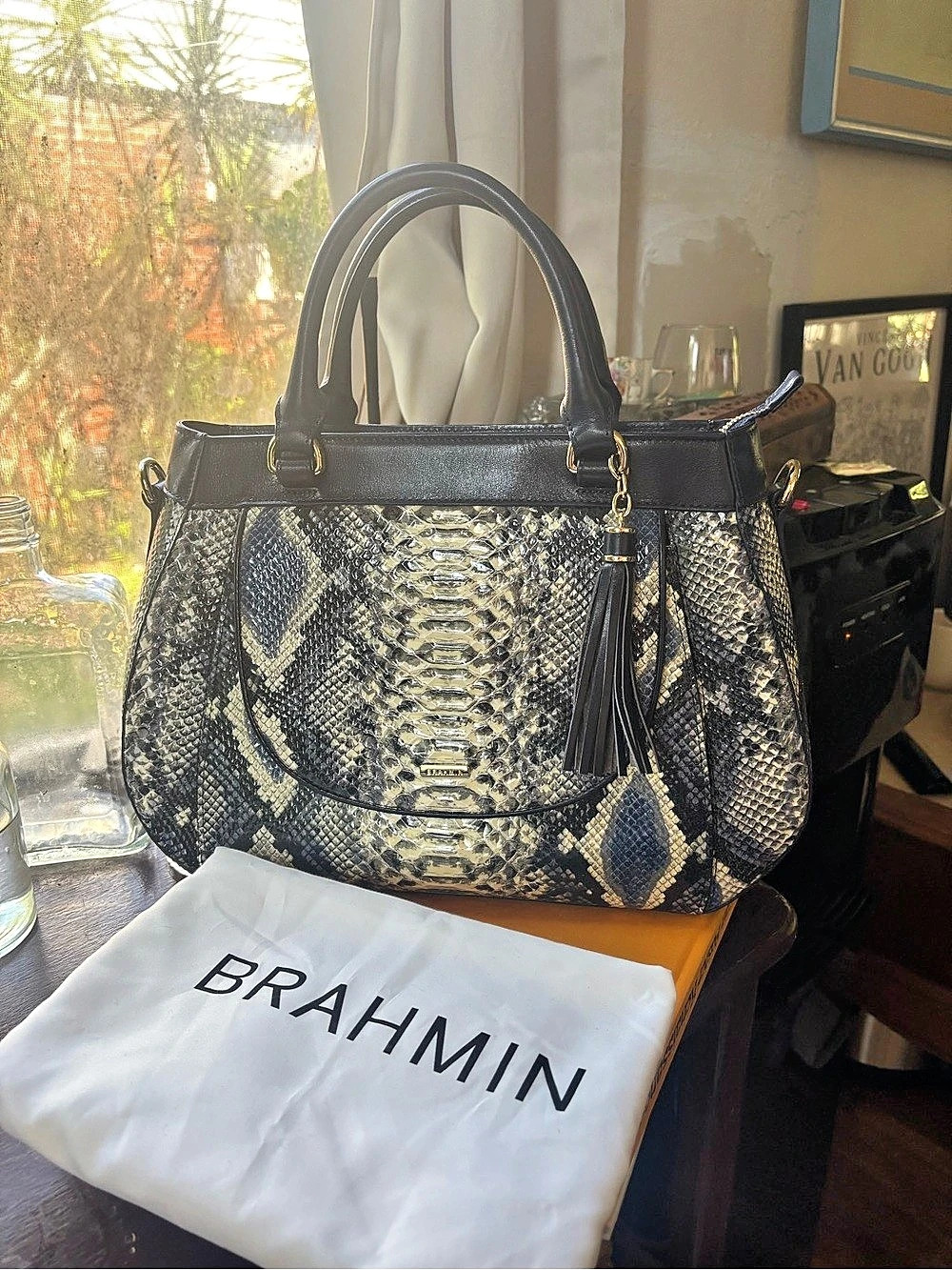 NWT Brahmin Priscilla Satchel Python-Print Tote Black & Gray